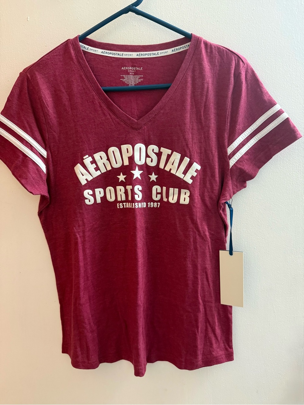 Aeropostale Burgundy V-Neck Sports Club Tee with White Stripe Sleeves